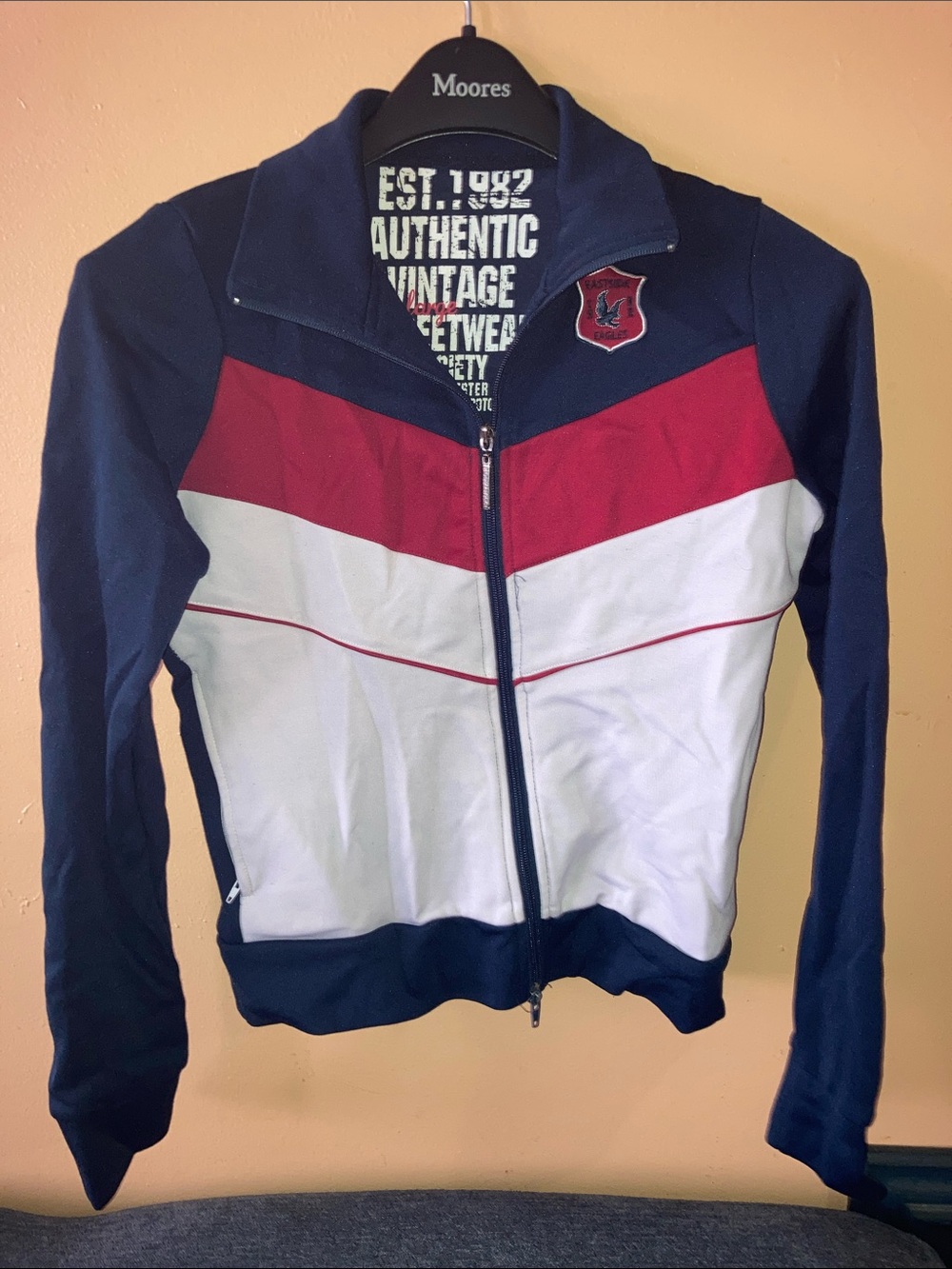 Vintage 1982 Streetwear Society Navy, White & Red Chevron Varsity Jacket